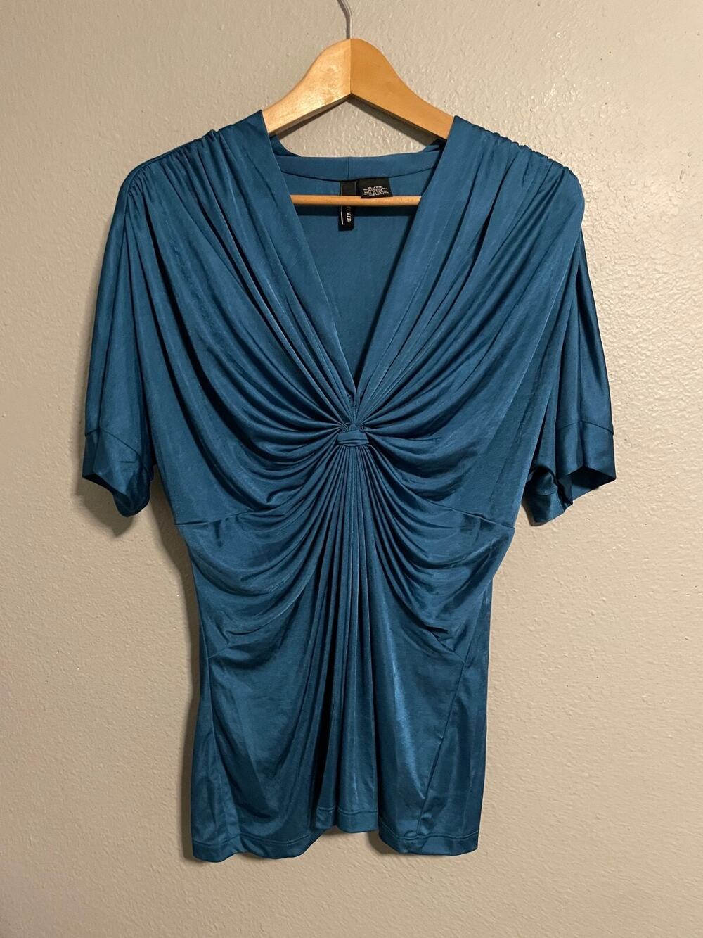 Mixit Womens Top XL Blue Babydoll Ruched Stretch V Neck Clubwear Rave 90s Y2K